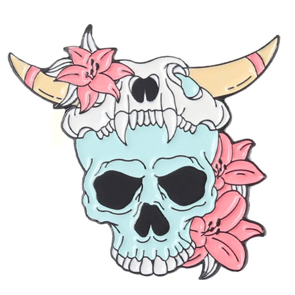 Metal & Enamel Blue Skull with Pink Lilies Lapel Pin (New)